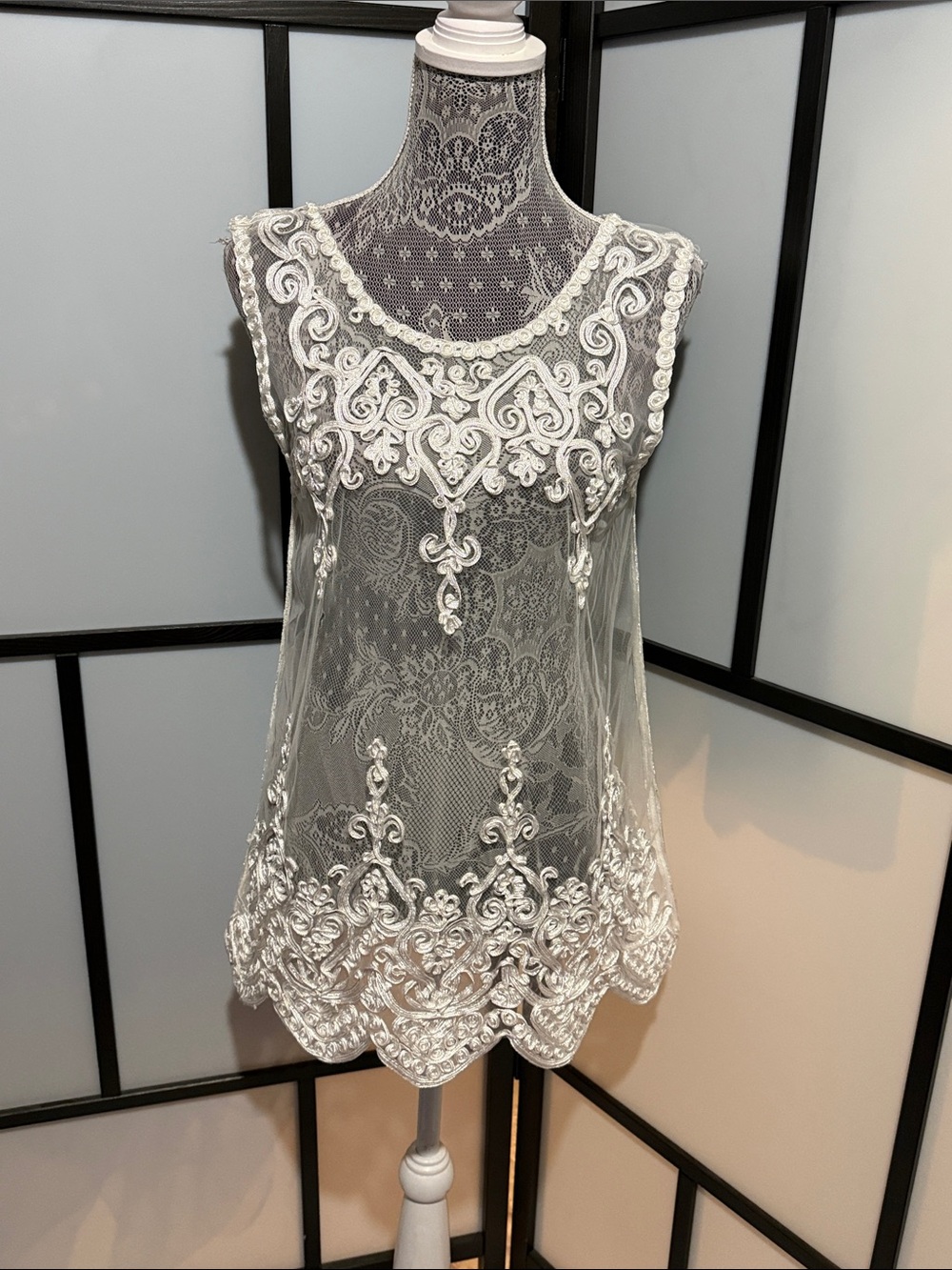 Sheer Embroidered Lace Camisole Tank - White